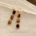 Gold Hook Three Cube Tiger Eye Drop Earrings Pair Style view 4