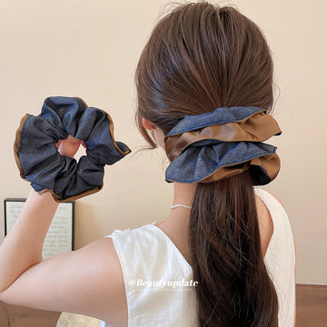 Navy Denim Hair Claw Clips Scrunchies Four Styles Brown Trim