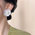 White Fabric Lace Flower Stud Earrings Cream Metal Center view 2