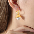 Gold Hoop Earrings White Pearl Curved Metal Disc Drop view 4