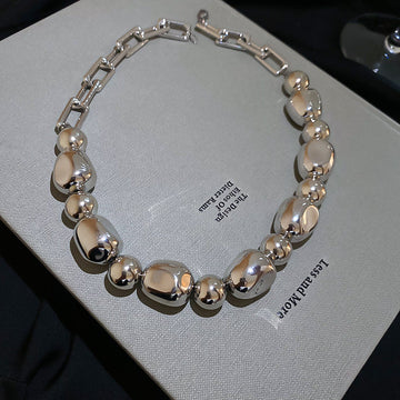 Silver Irregular Mirror Bead Link Chain Collar Necklace