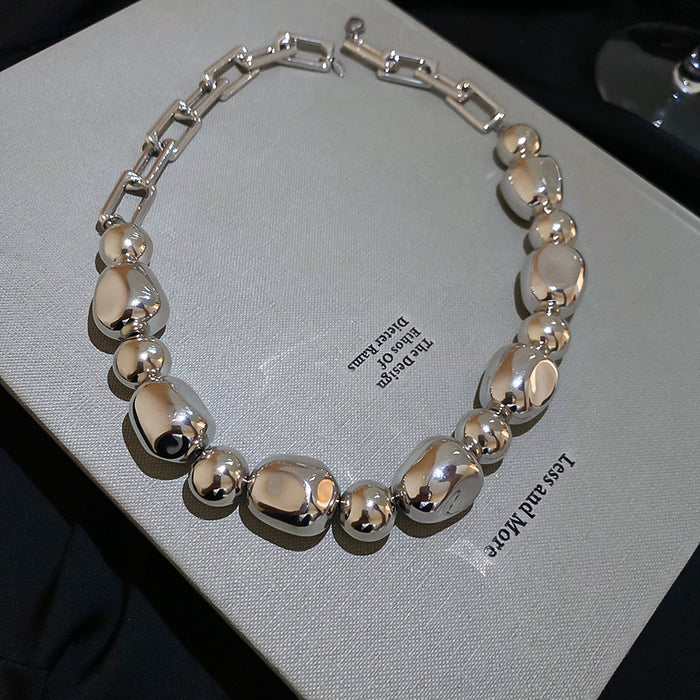 Silver Irregular Mirror Bead Link Chain Collar Necklace