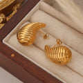 Ribbed Teardrop Stud Earrings Gold Steel Large Small Sizes view 2