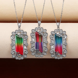 Gradient Rectangular Stone Floral Frame Pendant Necklace