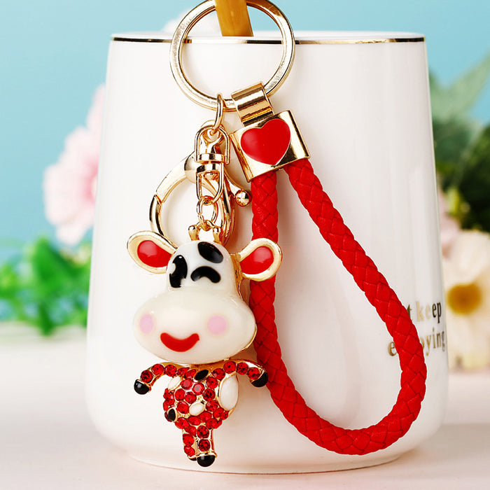 Jeweled Cute Cow Keychains in Five Colors with Braided Loop Options