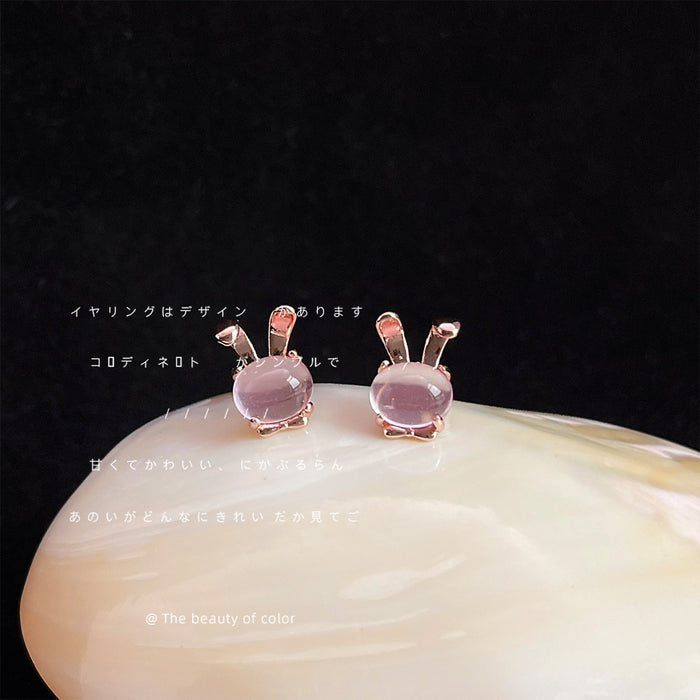 Rose Gold Pink Cabochon Bunny Rabbit Ear Stud Earrings