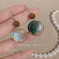 Gold Wood Bead Mother Of Pearl Disc Asymmetric Earrings view 3
