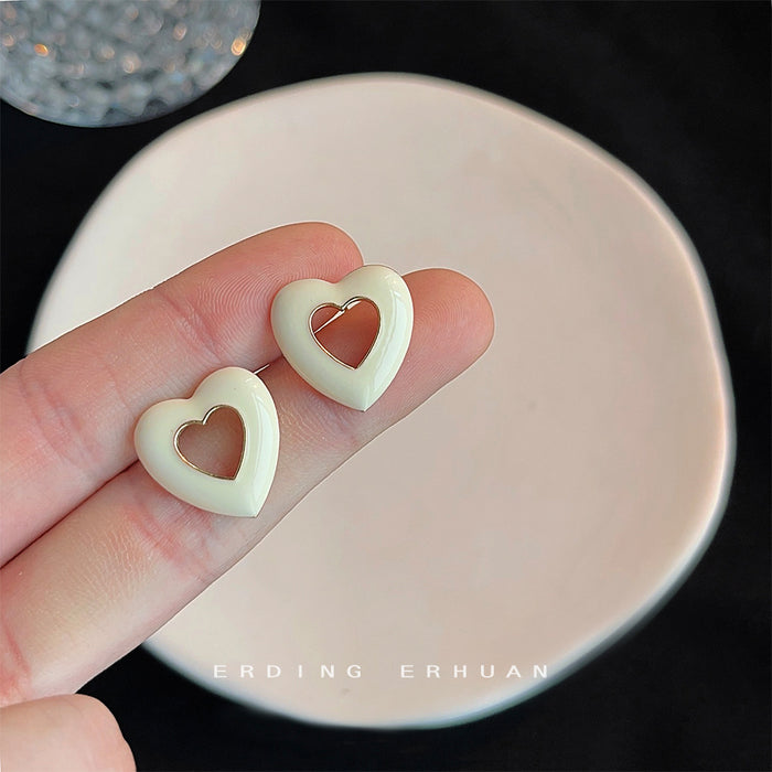 Cream Enamel Hollow Heart Stud Earrings Gold Rim Pair