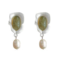 Silver Matte Wave Frame Olive Cabochon Pearl Drop Earrings view 5