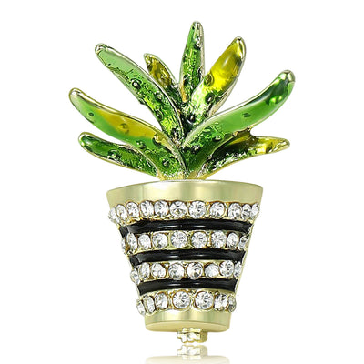 A green cactus rising from a striped crystal planter shown on a white background.