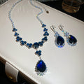 Blue Flower Teardrop Necklace Earrings Silver Crystal Set view 2