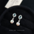 Silver Aqua Blue Crystal Halo Pearl Drop Stud Earrings view 3