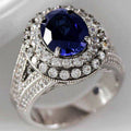 Deep Blue Oval Double-Halo Ring In Polished Silver Tone view 1