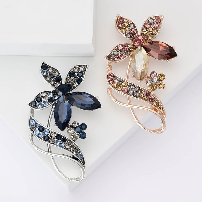 Rhinestone Flower Brooch Marquise Stone Silver Rose Gold