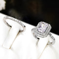 Silver Tone Rectangular Halo Crystal Ring Set Fashion Jewelry view 2