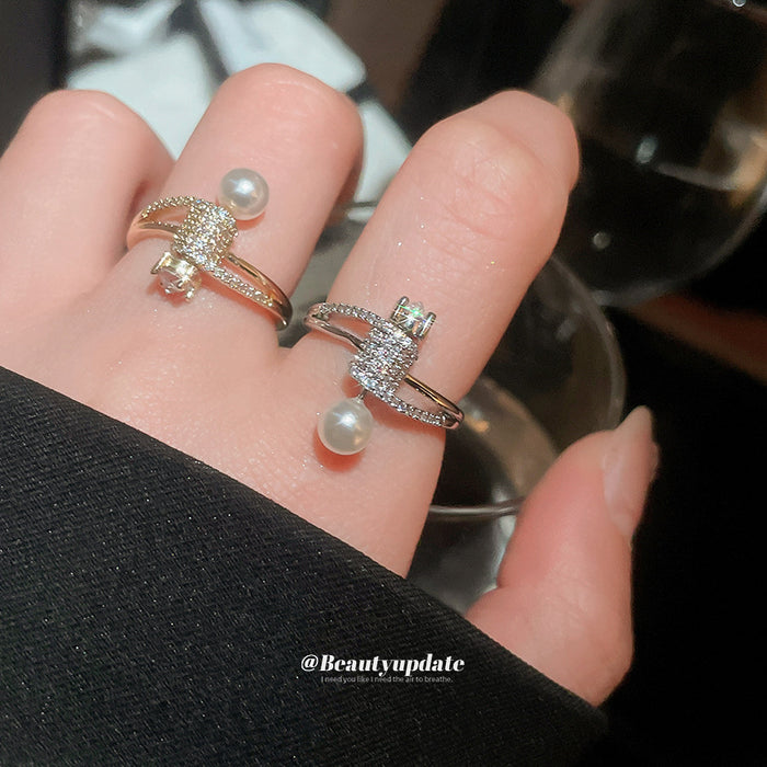 Gold Open Geometric Pearl And Pave Clear Stone Ring