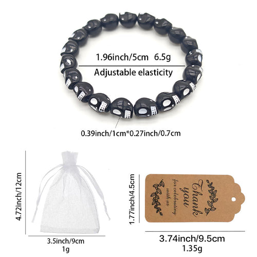 Size chart for black skull bracelet bag and thank-you tag