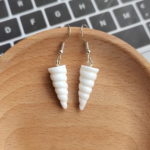 White matte spiral unicorn horn resin earrings with silver fishhooks