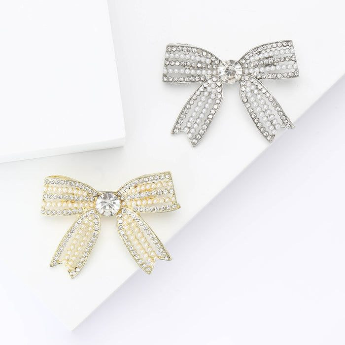 Pearl and Rhinestone Ribbon Bow Brooch with Layered Loops