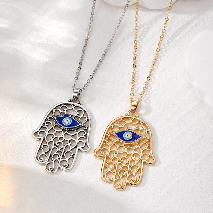 Gold and Silver Tone Openwork Hamsa Blue Eye Pendant Necklaces