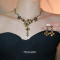 Rhinestone Flower Cluster Necklace Drop Earrings Gold Tone view 4