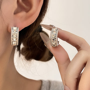 Silver Tone Clear Stone Chunky Half Hoop Stud Earrings