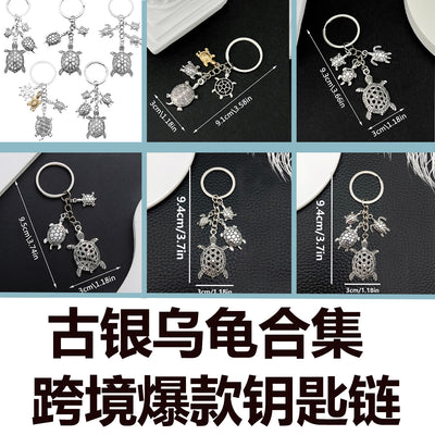 Overview showing the available color and design variations of the antique silver turtle metal keychain design