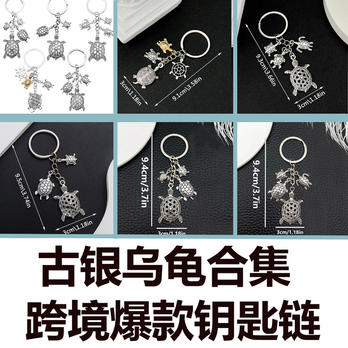 Five Antique Silver Turtle Metal Keychain Design Set