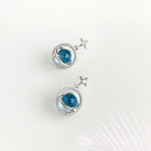 Blue Planet Orbit Drop Earrings with Star Top, Brass and Resin