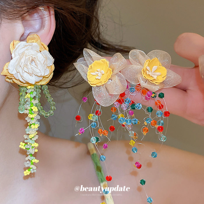 Flower and Beaded Fringe Earrings in Green or Multicolor Designs