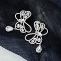 Double Butterfly Crystal Look Silver Tone Long Dangle Stud Earrings view 2