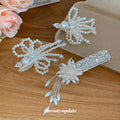 White Pearl Bow Duckbill and Flower Tassel BB Hair Clips view 2