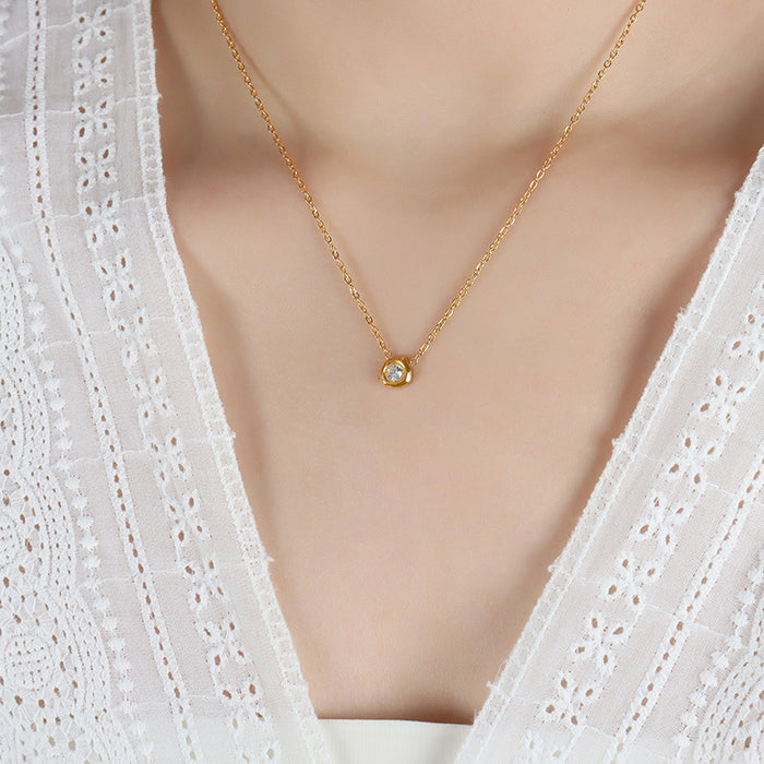 Gold Thin Chain Necklace Irregular Bezel Clear Round Stone