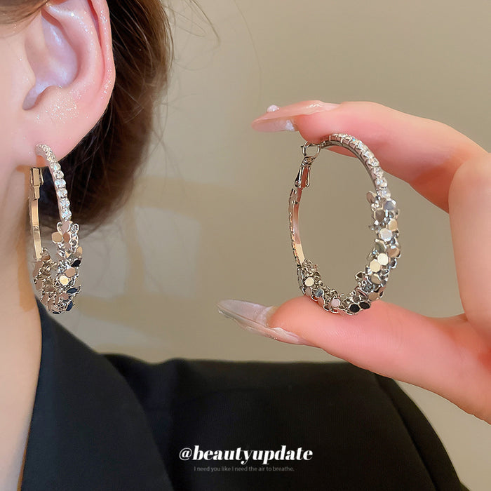 Silver Tone Crystal Geometric Textured Hoop Earrings