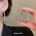 Silver Tone Crystal Geometric Textured Hoop Earrings view 1