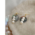Gold Tone Iridescent Shell Disc And Triple White Pearl Stud Earrings view 1