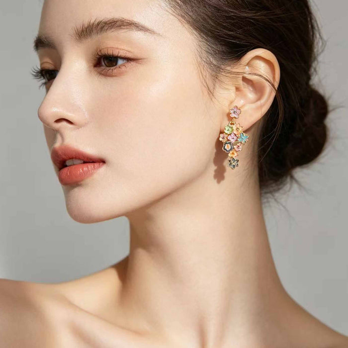 Colorful Painted Flower Cascade Gold Tone Stud Earrings