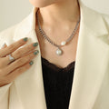 Gold Curb Chain Pearl Pendant Necklace Round Bezel Drop view 7