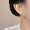 Gold Winged Lyre Drop Earrings Pink Heart Teardrop Zircon view 2