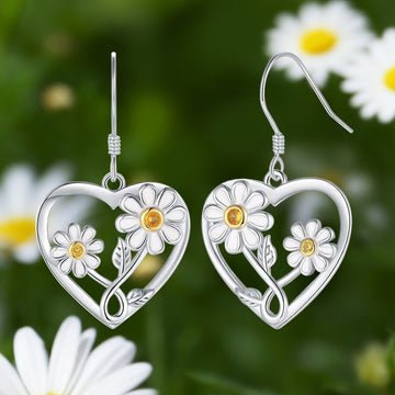 Daisy Heart Silver Tone Hook Earrings Polished Jewelry Accessory