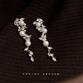 Gold Tone White Pearl Leaf Vine Long Drop Earrings For Women view 4