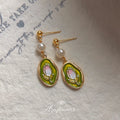 Gold Tone White Pearl Green Oval And Pink Tulip Drop Stud Earrings view 4