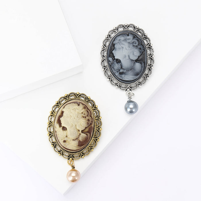 Vintage Cameo Lady Brooch with Pearl Drop Gold Silver