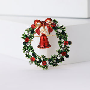 Christmas Wreath Brooch with Red Bell, Bow and Crystal Accents