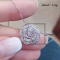 Sculpted Pave Rose Flower Pendant Necklace In Polished Silver Tone view 4