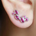 Silver Tone Magenta Crystal Leaf Stud Earrings Polished Metal Jewelry view 1