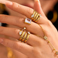 Gold Multi Band Teardrop Crystal And Square Pearl Open Rings view 2