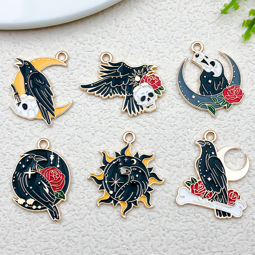 Enamel Zinc Alloy Halloween Sun Moon Flower Crow charm pendants for DIY earrings keychains