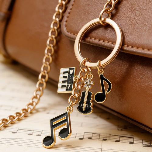 Front product photo of piano violin and music note charm keychain showing the pictured design arrangement