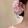Fabric Flower Duckbill Hair Clips with Pearl Chain Tassels view 3